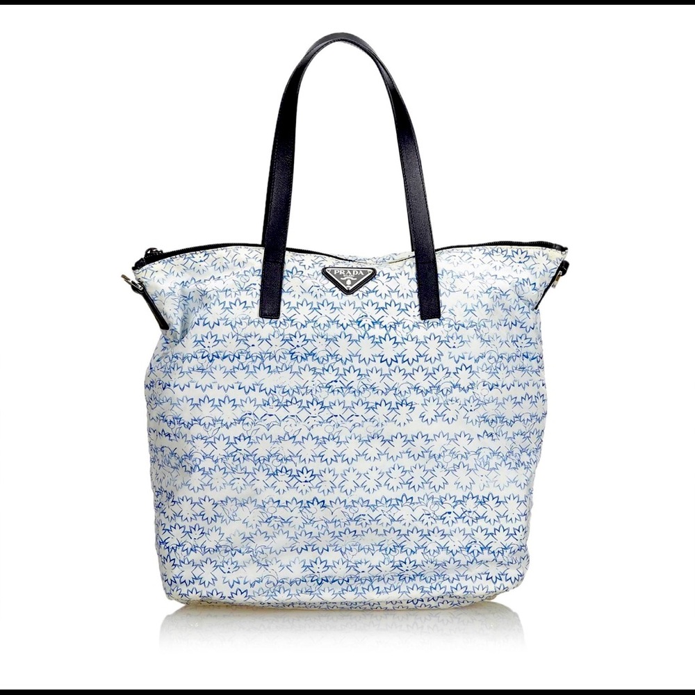 Prada Nylon Floral Shoulder Bag White Blue